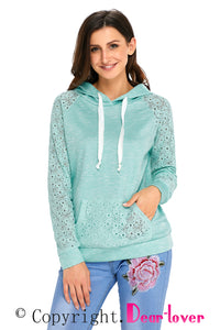 Sexy Light Green Lace Accent Kangaroo Pocket Hoodie