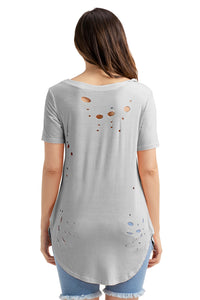 Sexy Light Grey Crisscross Neckline Distressed Cotton T-shirt