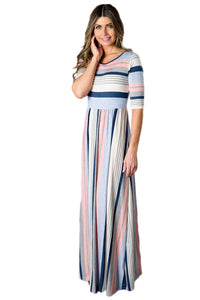 Sexy Light Multicolor Striped Half Sleeve Casual Maxi Dress