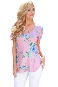 Sexy Light Pink Super Soft Floral Tee Shirt with Crisscross Neck