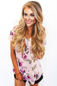 Sexy Lilac Floral V Neck Short Sleeve T-shirt