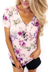 Sexy Lilac Floral V Neck Short Sleeve T-shirt