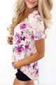 Sexy Lilac Floral V Neck Short Sleeve T-shirt