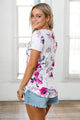 Sexy Lilac Floral V Neck Short Sleeve T-shirt