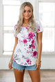 Sexy Lilac Floral V Neck Short Sleeve T-shirt