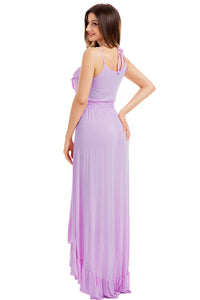 Sexy Lilac Lace Up V Neck Ruffle Trim Hi-low Maxi Dress