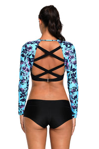 Sexy Long Sleeve Cropped Crisscross Hollow-out Back Bathing Suit