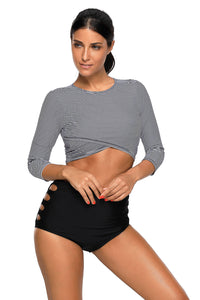 Sexy Long Sleeve Striped Crop Top High Waist Bottom Tankini Set