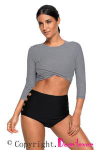 Sexy Long Sleeve Striped Crop Top High Waist Bottom Tankini Set