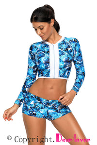 Sexy Long Sleeve Vibrant Print Cropped Rashguard Swimsuit