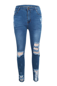 Sexy Medium Blue Denim Destroyed Ankle Length Skinny Jeans