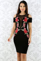 Sexy Mesh Combine Embroidered Rose Cold Shoulder Bodycon Dress
