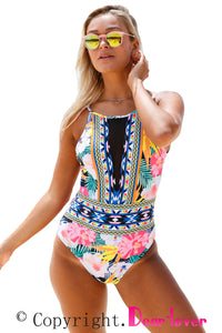 Sexy Mesh V Neck Tropical One Piece Swimsuit