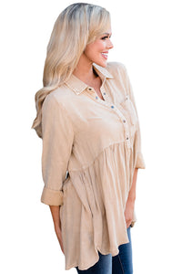 Sexy Mineral Washed Button-up Babydoll Ruffle Top in Apricot