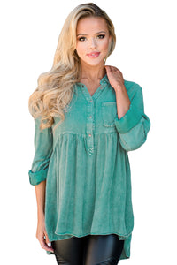 Sexy Mineral Washed Button-up Babydoll Ruffle Top in Green