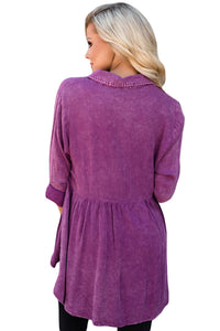 Sexy Mineral Washed Button-up Babydoll Ruffle Top in Purple