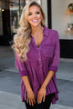 Sexy Mineral Washed Button-up Babydoll Ruffle Top in Purple
