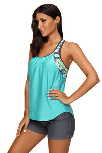 Sexy Mint Blouson Style Floral T-back Tankini Top