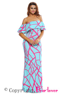 Sexy Mint Green Fuchsia Off-the-shoulder Maxi Dress