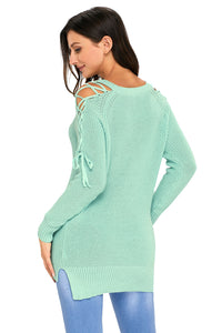 Sexy Mint Lace up Shoulder Loose Fit Sweater Top