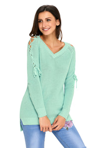 Sexy Mint Lace up Shoulder Loose Fit Sweater Top