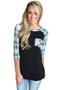 Sexy Mint Plaid Raglan Sleeve Black Top