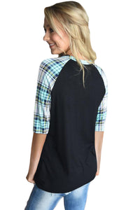 Sexy Mint Plaid Raglan Sleeve Black Top