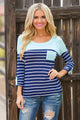 Sexy Mint Shoulder Blue White Striped Blouse