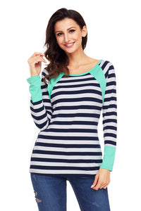 Sexy Mint Splice Accent Navy White Striped Long Sleeve Shirt