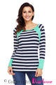 Sexy Mint Splice Accent Navy White Striped Long Sleeve Shirt