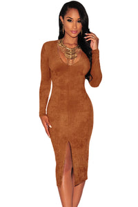 Sexy Mocha Faux Suede Long Sleeves Slit Dress