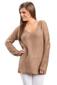 Sexy Mocha Open Knit Sleeve Cutout V Neck Sweater