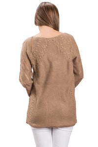 Sexy Mocha Open Knit Sleeve Cutout V Neck Sweater