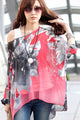 Sexy Monochrome Flower Batwing Coral Chiffon Blouse