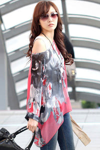 Sexy Monochrome Flower Batwing Coral Chiffon Blouse