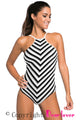 Sexy Monochrome Striped High Neck One Piece Maillot