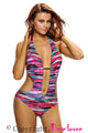 Sexy Multicolor Print Plunge Neck Backless Teddy Swimsuit