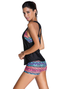 Sexy Multicolor Sports Bra Tankini Swimsuit with Black Vest