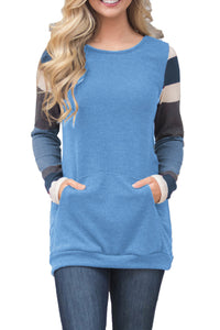 Sexy Multicolor Stripes Sleeve Pullover Blue Sweatshirt