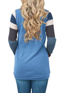 Sexy Multicolor Stripes Sleeve Pullover Blue Sweatshirt