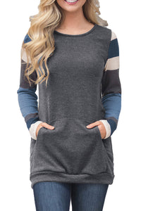 Sexy Multicolor Stripes Sleeve Pullover Dark Gray Sweatshirt