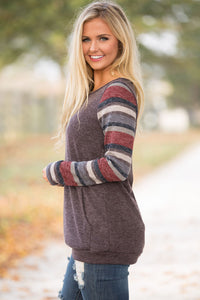 Sexy Multicolor Stripes Sleeve Pullover Mocha Sweatshirt