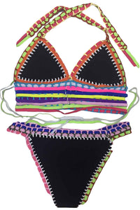 Sexy Multicolor Tie Up Crochet Black Neoprene Bikini Swimsuit