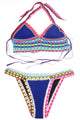 Sexy Multicolor Tie Up Crochet Blue Neoprene Bikini Swimsuit