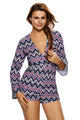 Sexy Multicolor Zigzag Print Deep V Lace-up Long Sleeve Playsuit