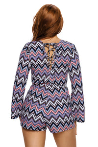 Sexy Multicolor Zigzag Print Deep V Lace-up Long Sleeve Playsuit