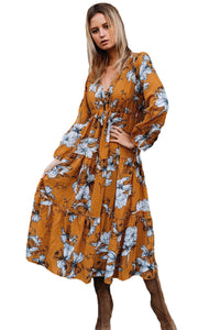Sexy Mustard Floral Print Long Sleeve Boho Maxi Dress