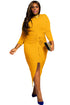Sexy Mustard Knotted Slit Long Sleeve Plus Dress