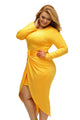 Sexy Mustard Knotted Slit Long Sleeve Plus Dress