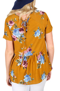 Sexy Mustard Lace-up Back Floral Ruffle Top